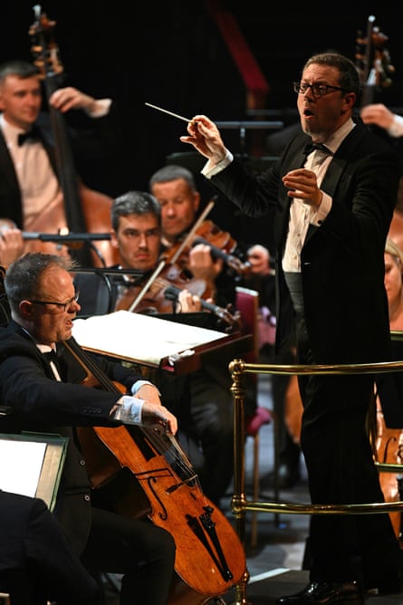 Delight in the music making … John Wilson and Jonathan Aasgaard with the Sinfonia of London.