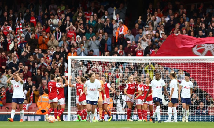 Vivianne Miedema is congratulated by her team-mates after scoring her second, and Arsenal’s fourth.