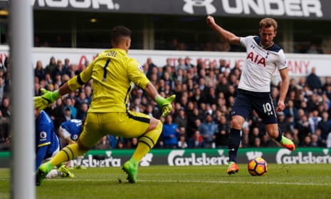 Harry Kane shoots at goal during the game at White Hart Lane. Kane’s calm precision in front of goal proved the difference in a bruising encounter.