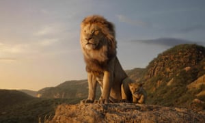 Mufasa, voiced by James Earl Jones, and young Simba, voiced by JD McCrary, in The Lion King remake.