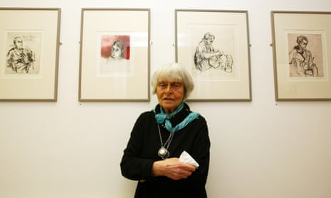 Milein Cosman at the opening of her exhibition in west London in 2008. From left are pictures of Thomas Mann, Francis Bacon, Henry Moore and Jean Cocteau.