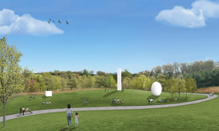 digital image of path through grass with simple white sculptures next to it and people roaming