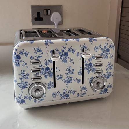 A white and blue floral Laura Ashley China Rose 4 Slice Toaster on a worktop