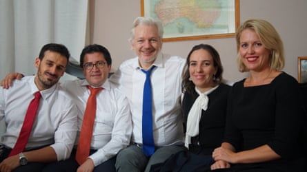 Spanish counsel Aitor Martinez, Ecuadorian counsel Carlos Poveda, Assange, Moris, and barrister Jennifer Robinson