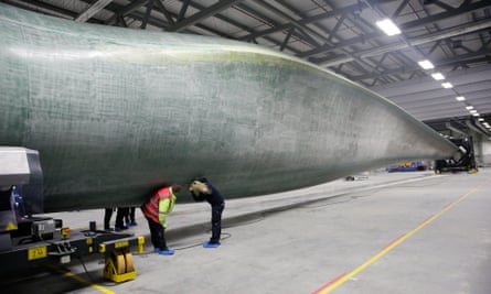 Quality control checks on a wind turbine blade at Siemens factory in Hull.