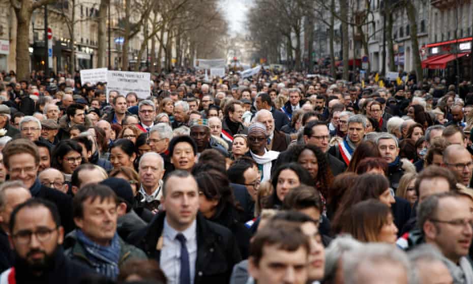 A march against antisemitism in Paris in honour of Mireille Knoll, who was murdered in her home in March 2018.