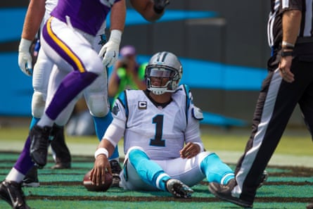 Cam Newton is sacked against the Vikings.