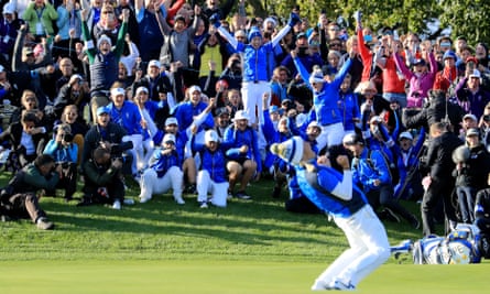 Team Europe erupt in excitement as captain Suzann Pettersen celebrates holing the winning putt at the 2019 Solheim Cup. The aim is to repeat the feat in Spain in 2023