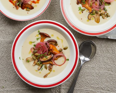 Emily Roux's butter bean veloute with mixed mushrooms and pickled onions.