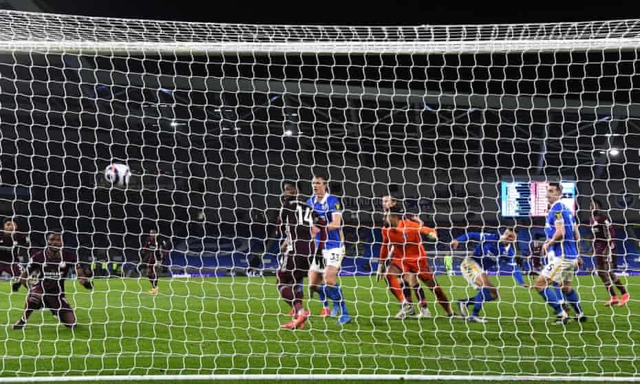 Daniel Amartey (left) scores the winner for Leicester at Brighton.