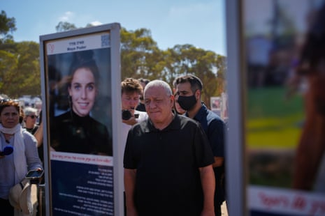 Gadi Eisenkot looking at displays of victims at the Nova festival site.