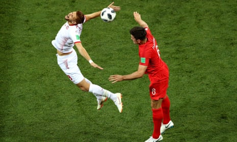 Harry  Maguire’s aerial presence, shown here against
Tunisia’s Fakhreddine Ben Youssef (left) will be vital against Panama.