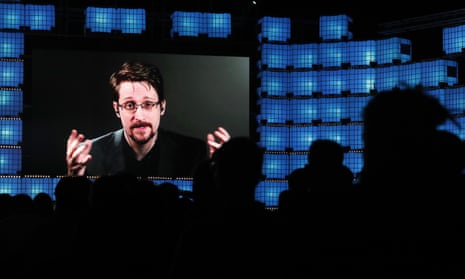 Edward Snowden addresses attendees at a technology conference in Lisbon on 4 November 2019. 