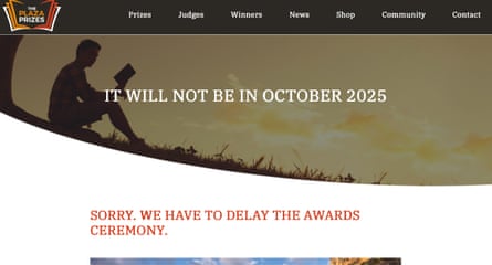 A screen grab shows the Plaza Prizes website announcing a delay to the awards ceremony.