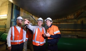 Malcolm Turnbull (centre) on a tour of Tumut 3 power station at the Snowy Hydro Scheme in Talbingo.