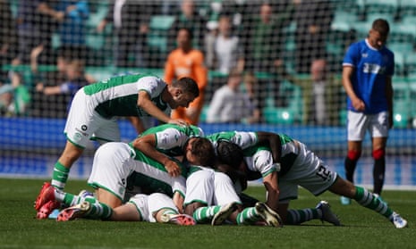Hibernian's Josh Campbell is mobbed after his dramatic equaliser in added time.
