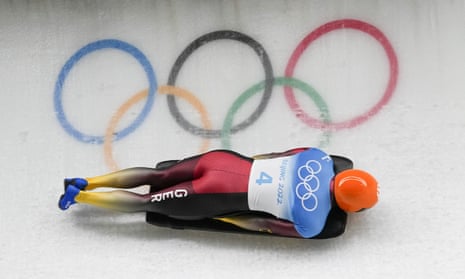 Germany’s Christopher Grotheer on his way to winning gold in the men’s skeleton event.