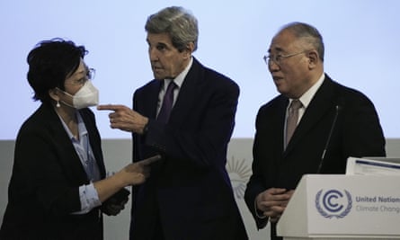US Special Presidential Envoy for Climate John Kerry, centre, and Xie Zhenhua, China’s special envoy for climate, right, attend a session on the Global Methane Pledge at the COP27 UN Climate Summit in 2022