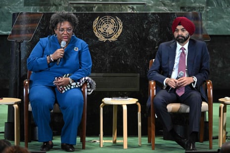 Zelenskiy Calls For Russia To Lose Un Veto Power; Un Chief Says ‘Humanity Has Opened Gates Of Hell’ On Climate 5 Barbados Prime Minister Mia Amor Mottley, Co-Chair of the Sustainable Development Goals (SDG) Advocates group, speaks at the opening session of the second SDG Summit on September 18, 2023 alongside Ajay Banga, President of the World Bank Group, ahead of the 78th United Nations General Assembly.