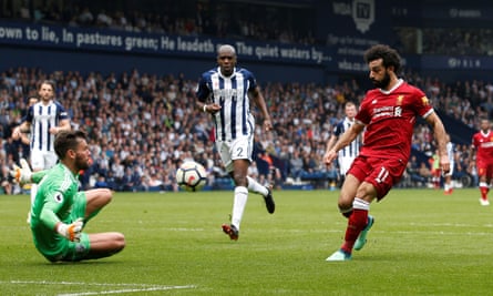 Mo Salah scores his 41st goal of the season, at West Brom on Saturday. ‘I’ve had many talks with Mo and he sees what the others do for him,’ Klopp says.