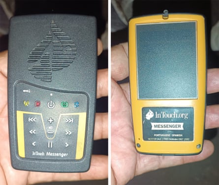 Two images of a phone-sized audio device in the palm of a hand