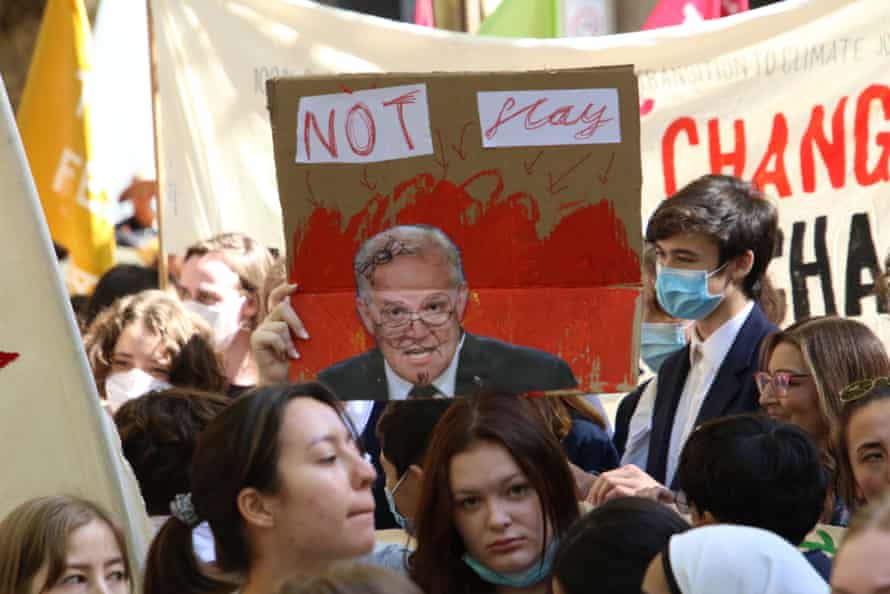 The prime minister featured on signs at the climate protest