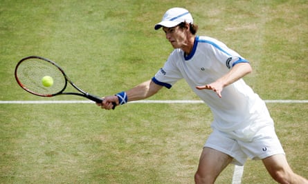 A 19-year-old Andy Murray in action during his fourth round match against Marcos Baghdatis at Wimbledon in 2006
