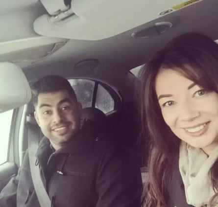 Ali Albokhari with his partner Elena in a car on the way to their wedding in Finland, January 2022