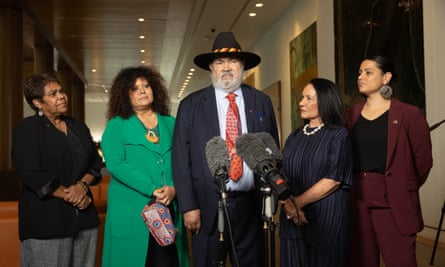 Pat Dodson at Parliament House flanked by (L-R) senators Marion Scrymgour, Malarndiri McCarthy, Linda Burney and Jana Stewart.