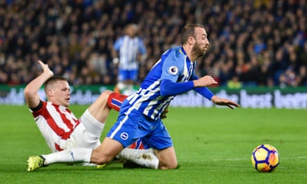 Glenn Murray goes down under a challenge from Ryan Shawcross in the first half – Lee Mason awarded Stoke a goal kick.