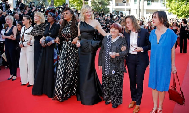 Cannes jury members Kristen Stewart, Lea Seydoux, Khadja Nin and Ava DuVernay, Jury President Cate Blanchett and director Agnes Varda.