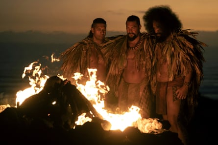 Te Kohe Tuhaka, Jason Momoa and Siua Ikale’o in Chief of War.