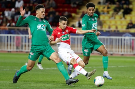 Saint Etienne’s Wesley Fofana (right) is ready to help his teammate William Saliba (left) deal with Monaco’s Wissam Ben Yedder in January 2020.