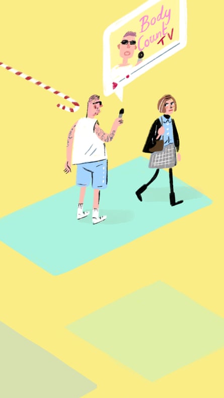 Illustration of man with microphone talking to passing woman in street