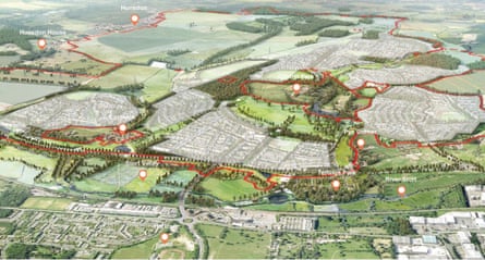 An aerial view of the Gilston plan