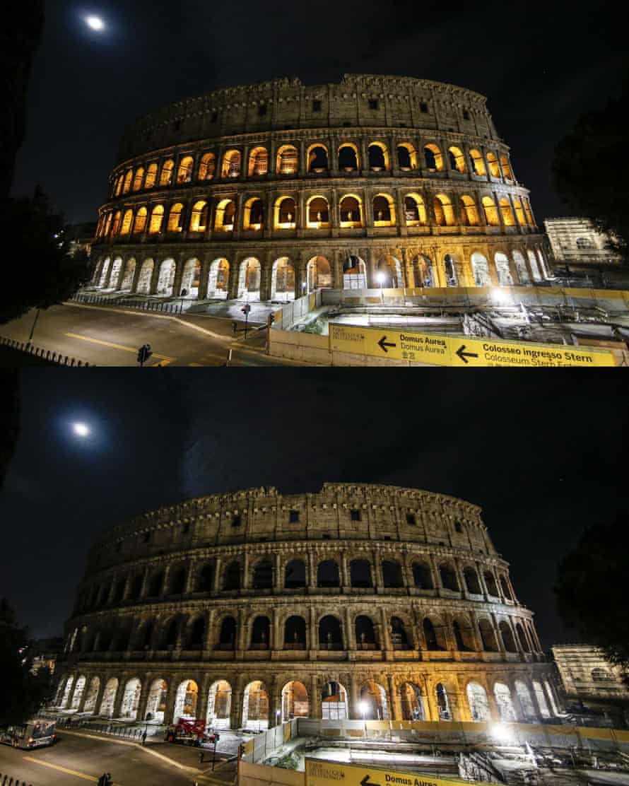 The Colosseum in Rome before and after being plunged into darkness