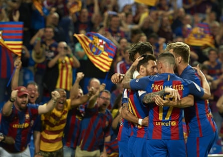 Lionel Messi celebrates scoring his team’s first goal in the Copa Del Rey final against Alavés.