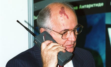 Mikhail Gorbachev speaks on a Nokia Mobira Cityman phone in Helsinki, Oct 1989.