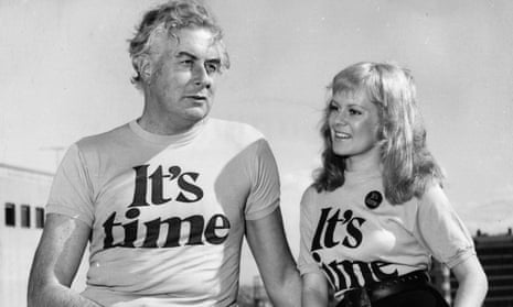 Gough Whitlam with singer Little Pattie wearing t-shirts announcing ‘It's Time’ for his election campaign in July 1972.