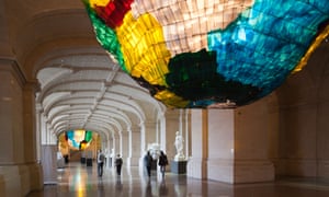 Looking up: the Palais des Beaux-Arts museum, with the artwork Deux Sacs pour Lille by Gaetano Pesce.