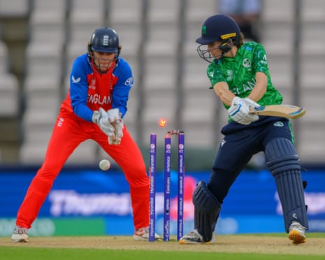 Orla Prendergast of Ireland is bowled by Dani Gibson.