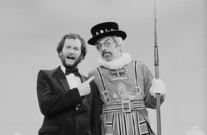 Kenny Everett and Barry Cryer filming a sketch for the BBC series The Kenny Everett Television Show in 1982