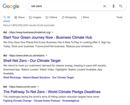 Google ads on the search term 'net zero'