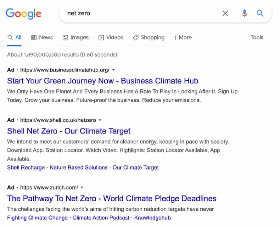 Google ads on the search term 'net zero'