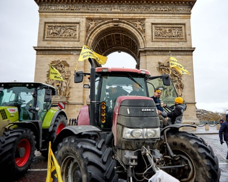 Tractors parked in front of the Arc de Triomphe during a demonstration of French Agricultural Union Coordination Rurale (CR) in Paris, France.