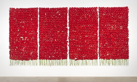 Anya Gallaccio, Preserve 'beauty', composé de 2000 fleurs rouges sur quatre colonnes