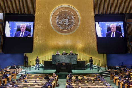 Mahmoud Abbas speaks via video conference to the UN general assembly on Thursday