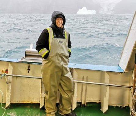 Marine ecologist Jena Edwards on a fishing vessel used by the research team in Scott Inlet, Nunavut.