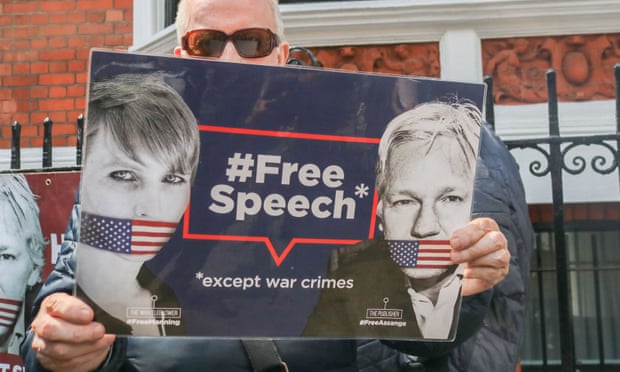 Supporters of Julian Assange protest outside the Ecuadorian embassy in London.