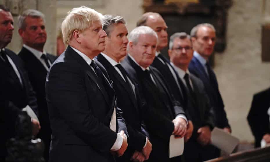 From left, prime minister Boris Johnson, Labour leader Keir Starmer and SNP Westminster leader Ian Blackford at a service to honour David Amess at St Margaret's church, London, on Monday.